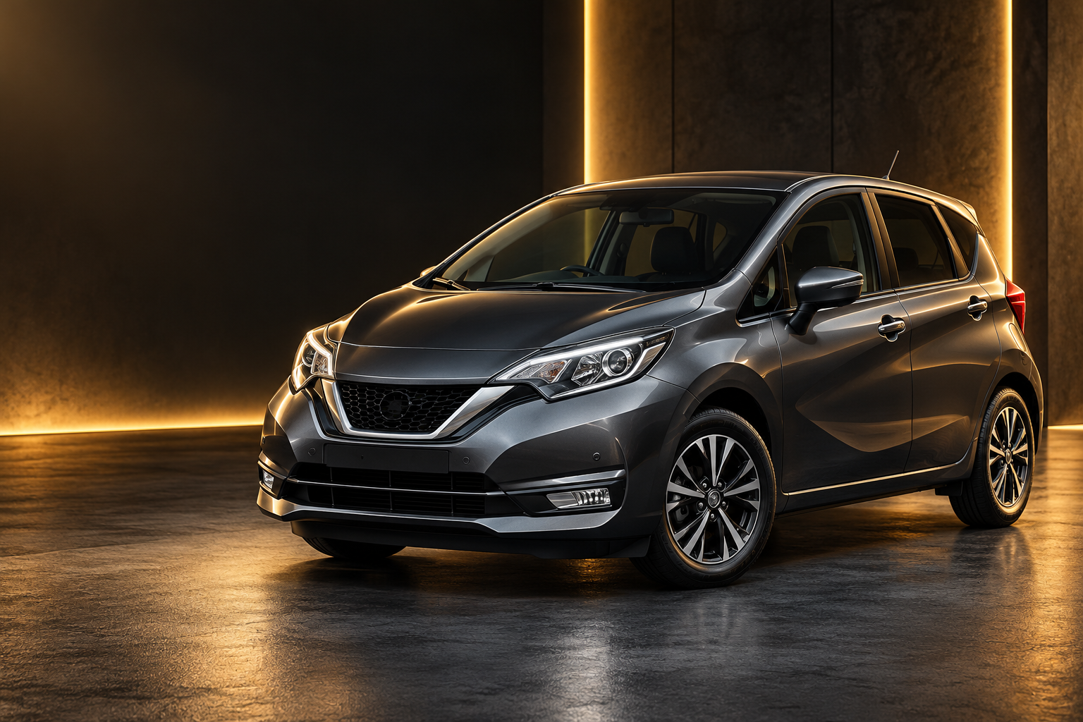 Illustrative charcoal hatchback in a dark studio